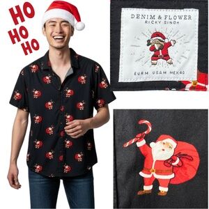 Denim & Flower Santa Print Men’s Medium Button-Down Novelty Party Shirt